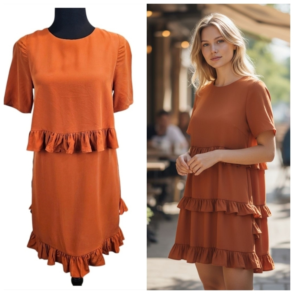 Marie Oliver Women 100% Silk Lele Ruffle Dress XXS Rust Orange Romantic Designer